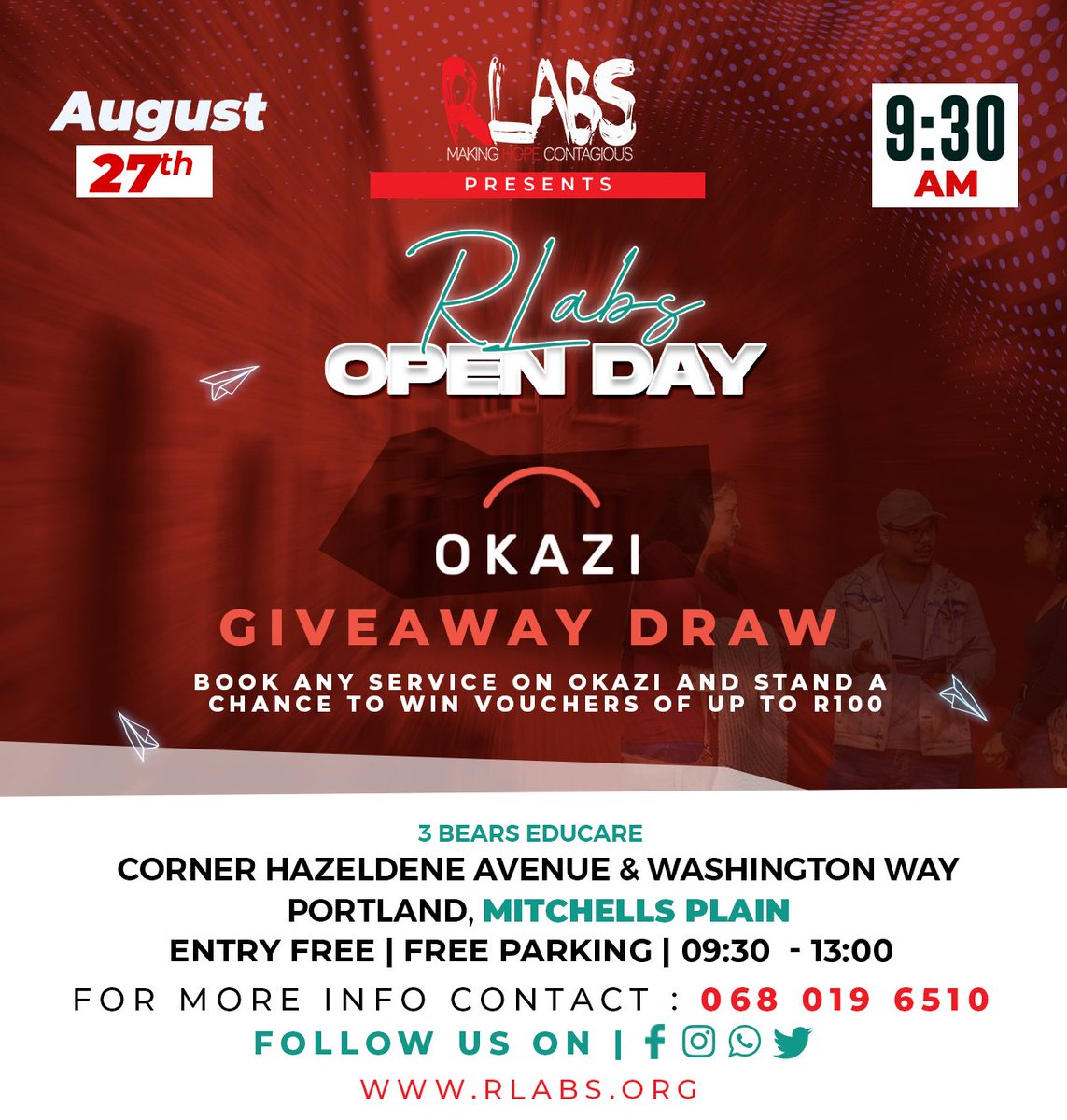 RLabs's tweet photo. There will be giveaways at our open day tomorrow which will include vouchers and prizes from many of our teams.😃🫢

Come an join us and stand a chance of winning.🙌

#MakingHOPEContagious #Expansion #OpenDay #RLabs2022 #CommunityOpportunity #MitchellsPlain #Portland #Giveaways https://t.co/4zfEkIPtbJ