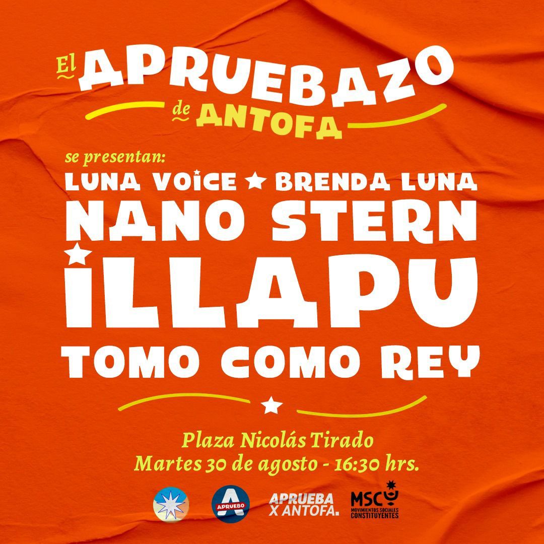 ☄️¡Se viene el #Apruebazo de #Antofagasta! Este martes 30 de agosto llenemos el auditorio de la plaza Nicolás Tirado en la gran fiesta ciudadana por el #Apruebo. Nos vemos desde las 16:30 hrs. junto a tremendas bandas locales y nacionales, ¡súmate! 🇨🇱🎶💜 <a href="/illapu/">Illapu</a> <a href="/nanostern/">Nano Stern</a>