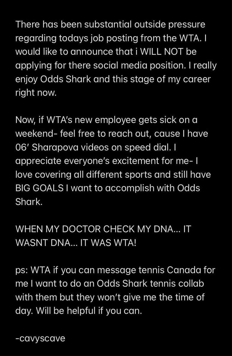 cavyscave's tweet photo. FOR IMMEDIATE RELEASE. @WTA 
@usopen @TennisCanada #USOpen https://t.co/2W189wKgej