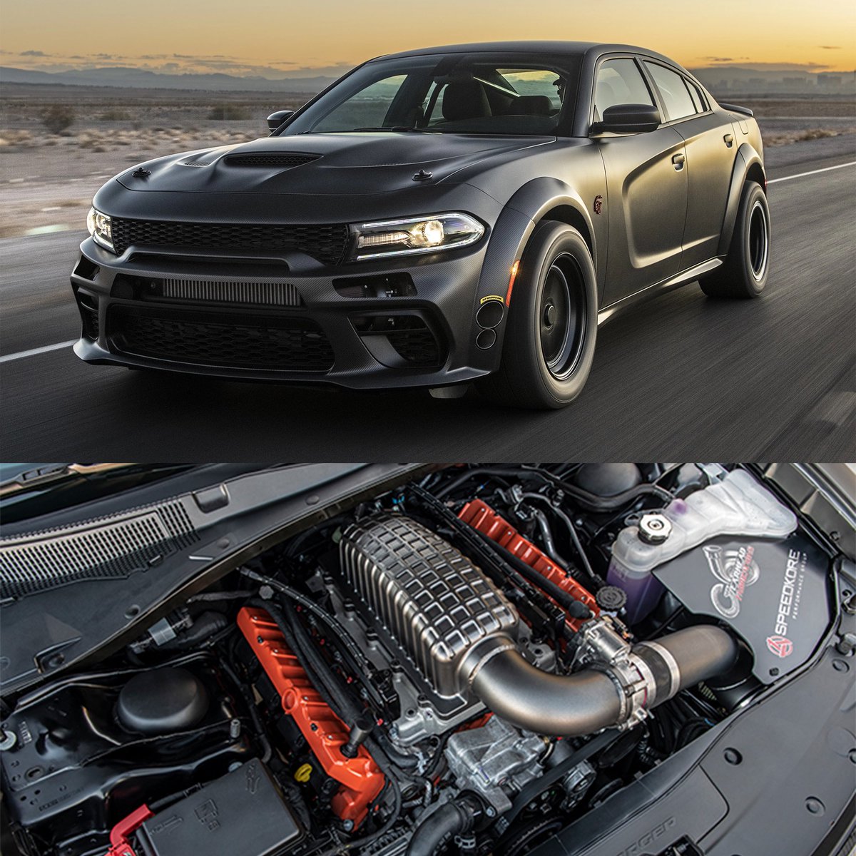 Magnaflow's tweet photo. We’re bringing back the @SpeedKore01 x @Magnaflow TT AWD Carbon Fiber Charger! Built by Gearhead Fabrications, this monster produces 1,525hp and sounds damn good doing it 😎 🏁 🔥 #MagnaFlow #SpeedKore #Charger #Hellcat #Hemi https://t.co/lqP1cVbV2M
