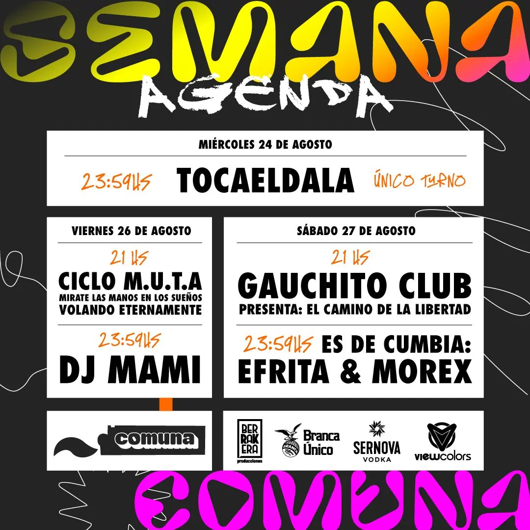 ComunaClub's tweet photo. AGENDA DEL FINDE 👀
❤️🔥 VIERNES ❤️🔥
- 1° Turno: #CicloMuta 💜 // Show en vivo: Mirate las Manos en los Sueños // Intervención aérea x Volando Eternamente.
🎟 Entrada a colaboración
- 2° Turno: DJ MAMI 👑 #ExtendedSet
🎟 Tickets Online 🔗 LINK EN BIO https://t.co/TEqBMrJKsr