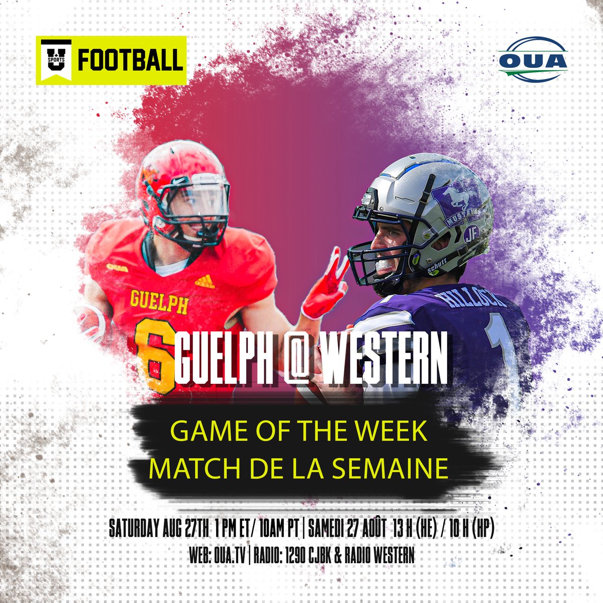 The Road to the Vanier Cup begins… 

Don’t miss the Game of the Week between the <a href="/guelph_gryphons/">Guelph Gryphons</a>  and defending Vanier Cup Champions, <a href="/WesternMustangs/">Western Mustangs</a> !

Ne manquez pas le match de la semaine entre les Gryphons de Guelph et les Mustangs de Western !