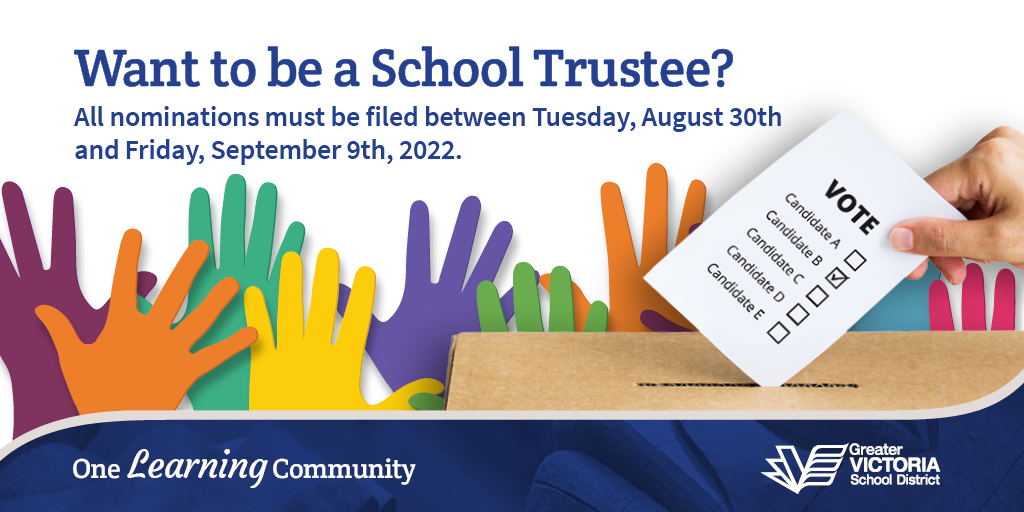sd61schools's tweet image. Are you interested in advocating for public education in your community? The election of nine school trustees for a four-year term in SD61 will commence on October 15th, 2022. Resources for prospective candidates are available on our website: bit.ly/3OX1qrq #sd61learn