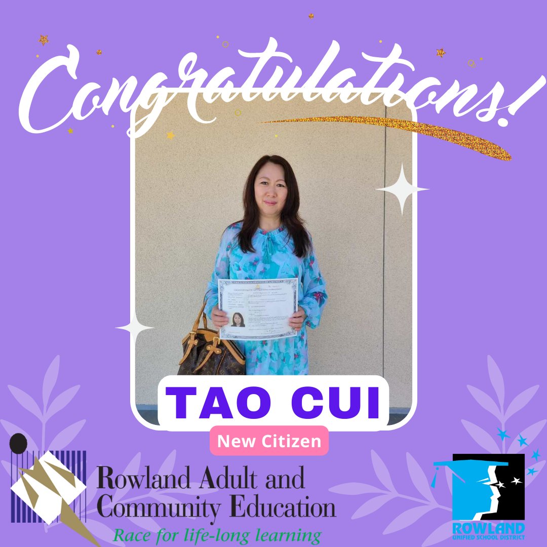 #StudentSpotlight 👀on our Citizenship student Tao Cui, who passed her citizenship test this summer! 🎉Congratulations on your accomplishment, Tao! 👏RACE is proud of you and commends you for your perseverance and dedication! #RACEStrong #WeAreRUSD #MoveAheadwithAdultEd