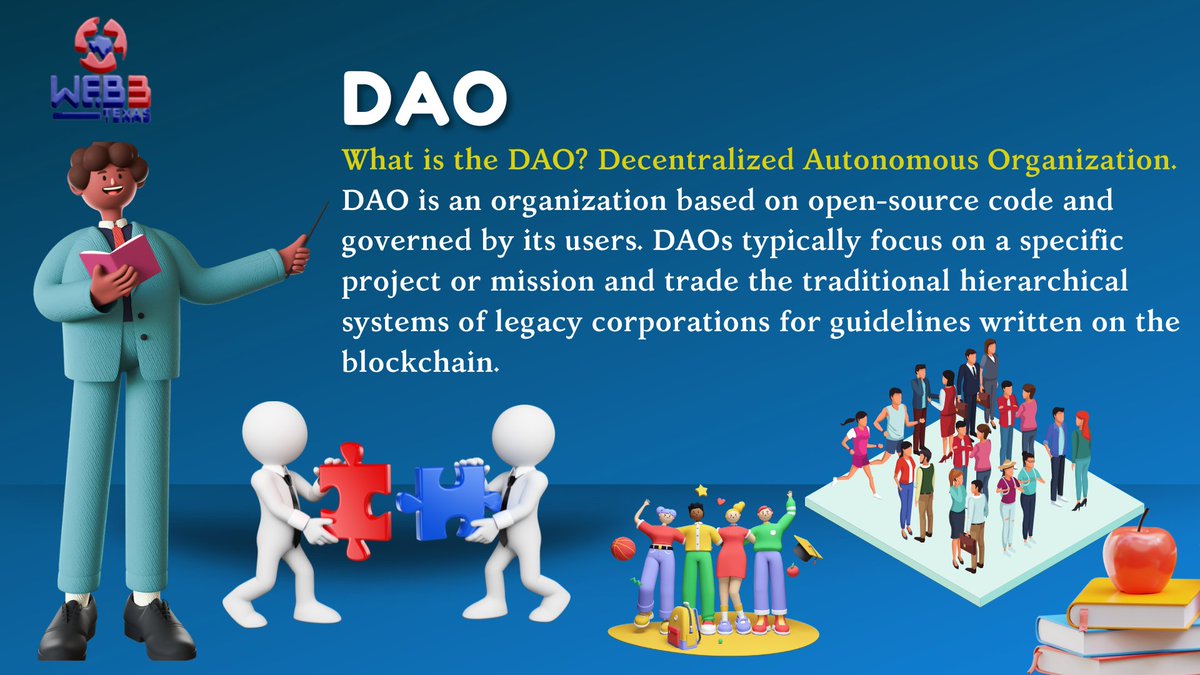 Web3TX's tweet photo. One Word a Day!💡 DAOs are democratic organizational structures built on blockchains. Every legit member has a say on how the DAO is run.
#Web3 #Web3Tx #DAO #Education https://t.co/DKWYUZAYIH