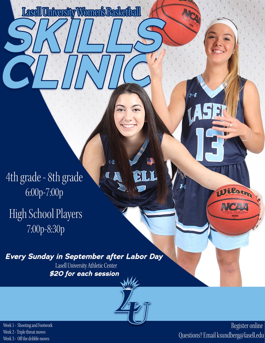 LasellWBB's tweet photo. Skills Clinics happening every Sunday in September (after Labor Day). All middle schoolers and high schoolers are welcome! We will be working on shooting footwork, triple threat moves, moves off the dribble and more. Join us for the fun! Link in bio to register. https://t.co/MEMfnEEFnR