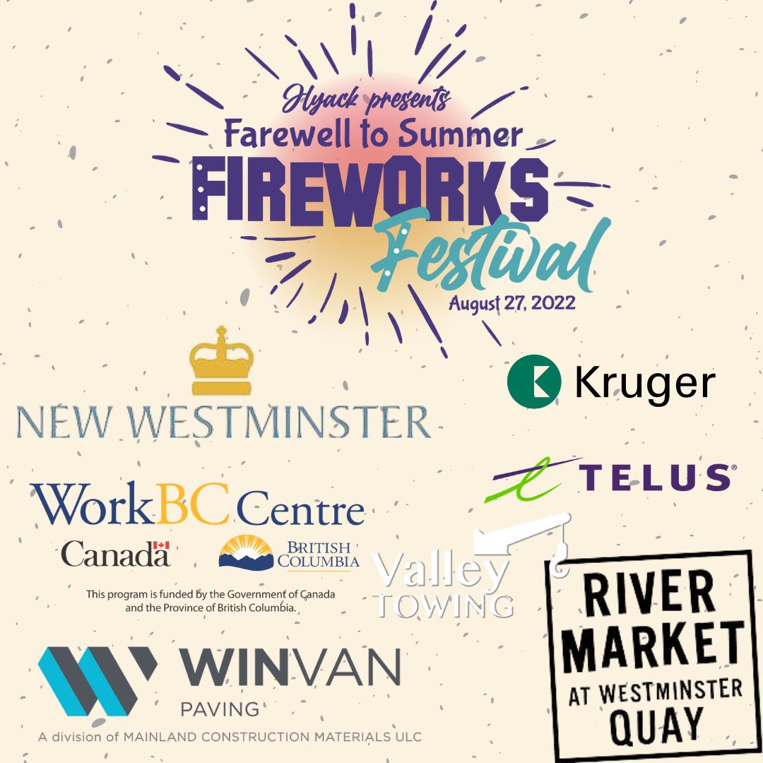 The Fireworks Festival is TOMORROW @ 1PM - 9:30PM @ The Quay in New Westminster! 🎉👏🔥💥

Thanks to our #sponsors @mainlandconstructionmaterials @telus <a href="/workbc_newwest/">WorkBC New West</a> @kruger_inc @new_westminster

Are you ready for it? 😏🎉

#HyackFestivalAssociation #NewWestminster #fireworks