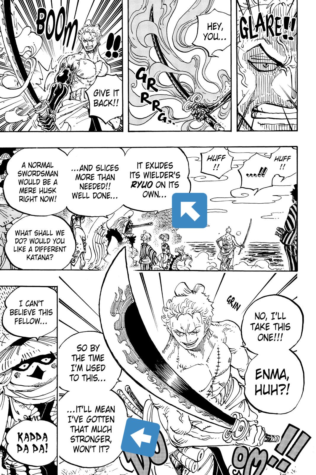 Kingslayer_Marimo🐉 on X: Hopefully this helps explain why Zoro tamed Enma.  Zoro states Enma is testing him. During the King fight (when Zoro gave all  his haki) Zoro was going THROUGH Enma's