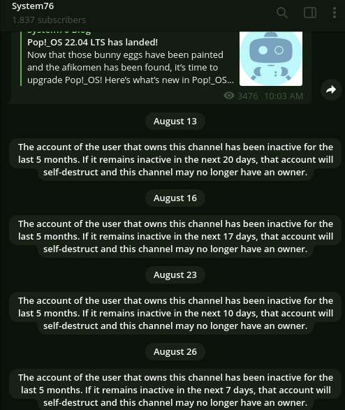 mancarv's tweet photo. @system76 Watch your Telegram channel https://t.co/XOefeGcXn8