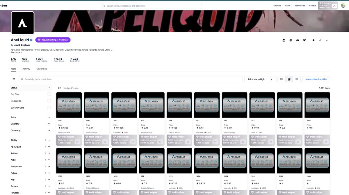 🗞 ApeLiquid Afternoon Paper🗞

✅.44 ETH floor on OS
↗️ 18 ApeLiquids to a 1 ETH floor
🔥57 ApeLiquids Listed
📊7 Day average is 0.3694 Eth
📈6 ApeLiquid’s sold in the last 24hrs
🧪 Total Volume 301 ETH

I am back :) <a href="/aleph0ne/">Ⱥ𝖑𝖊𝖕𝖍</a>
