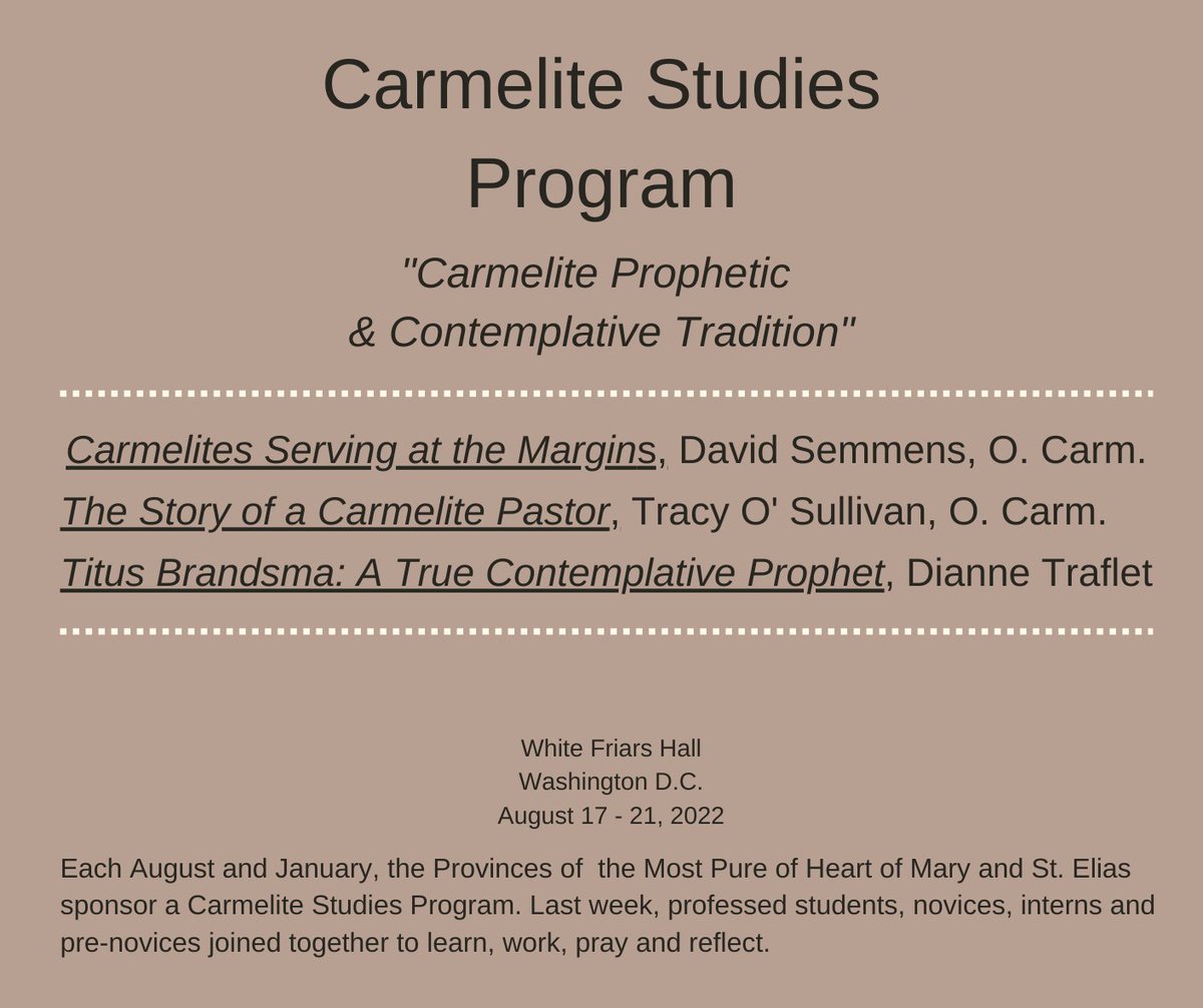 Carmelites's tweet photo. Each August and January, the Provinces of  the Most Pure of Heart of Mary and St. Elias 
sponsor a Carmelite Studies Program. Last week, professed students, novices, interns and 
pre-novices joined together to learn, work, pray and reflect. #Carmelites #CatholicTwitter https://t.co/TXUVL4cXMO