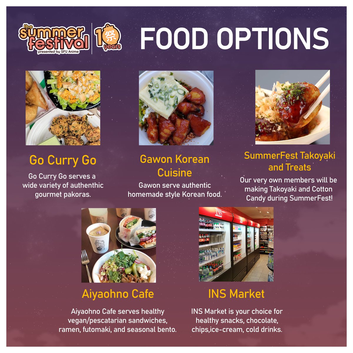 Since we've got a long day of festival fun at #sfusummerfest tomorrow, here's a list of some food options that will be available to you in case you get hungry!