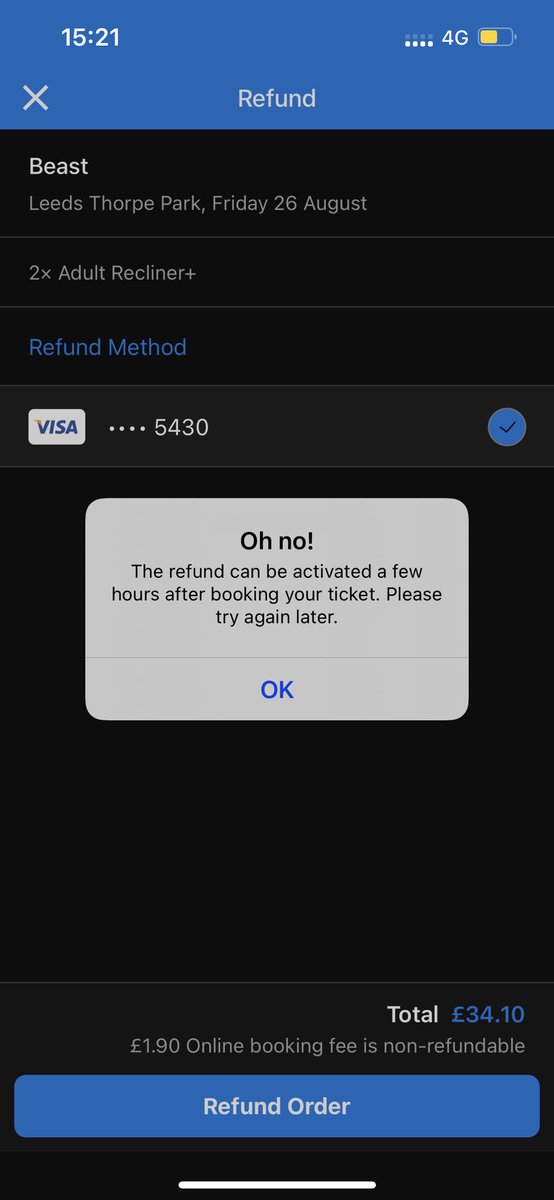 MeganWst's tweet photo. @ODEONHelp Hi, I’ve been trying to refund my tickets for a showing this evening for 5 hours and constantly getting this message. Are you able to look into this please? https://t.co/xGjkNNH3Ee