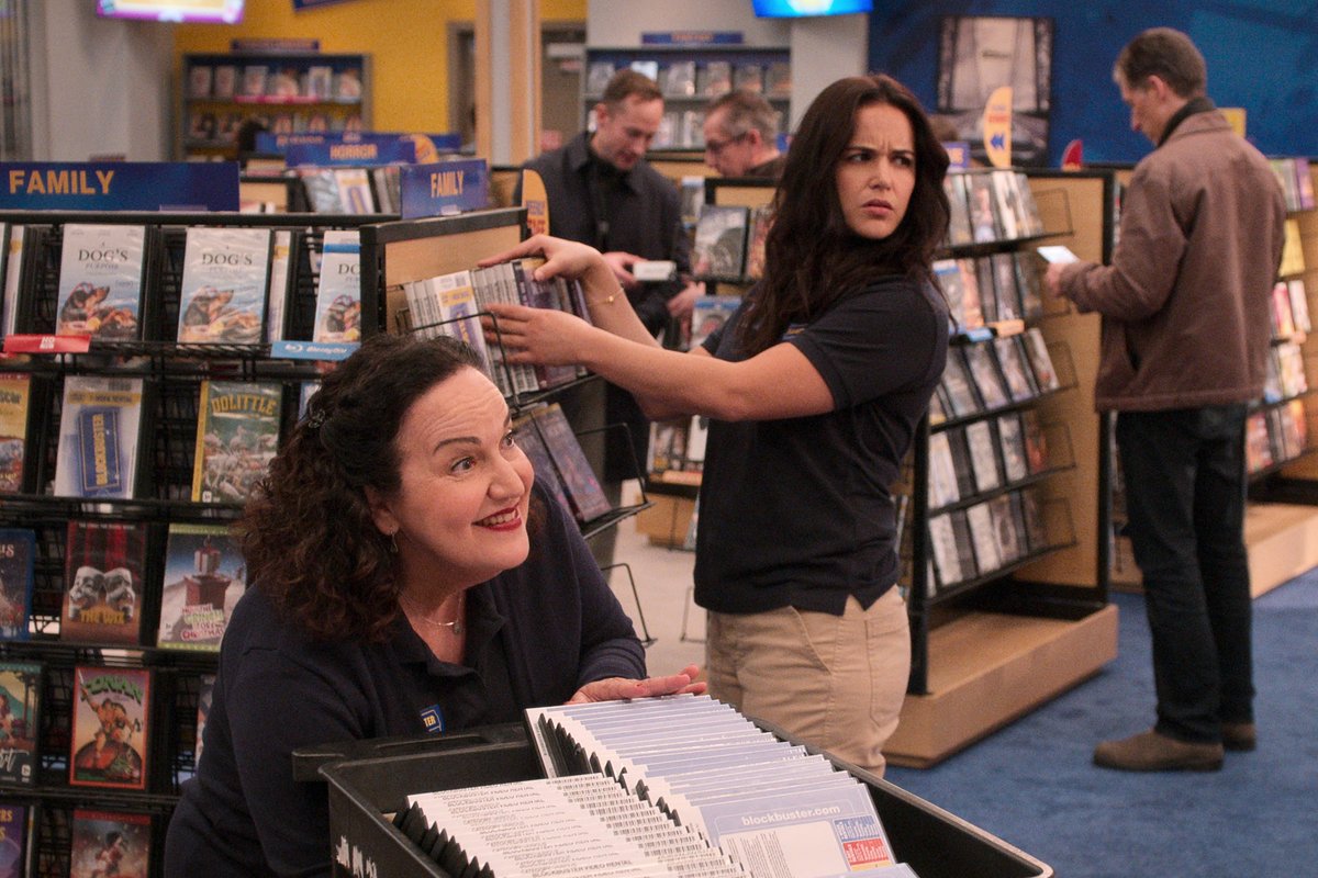 netflix's tweet photo. Be kind, rewind ... and meet your new favorite employees of the month. 

Randall Park, @melissafumero @tyleralvarez @MadeleineArthur @TheOlgaMerediz @ohsnapjbsmoov and @kamaiafairburn star in Blockbuster, a new comedy created by Vanessa Ramos. All episodes premiere November 3. https://t.co/VMbYTrYAnG