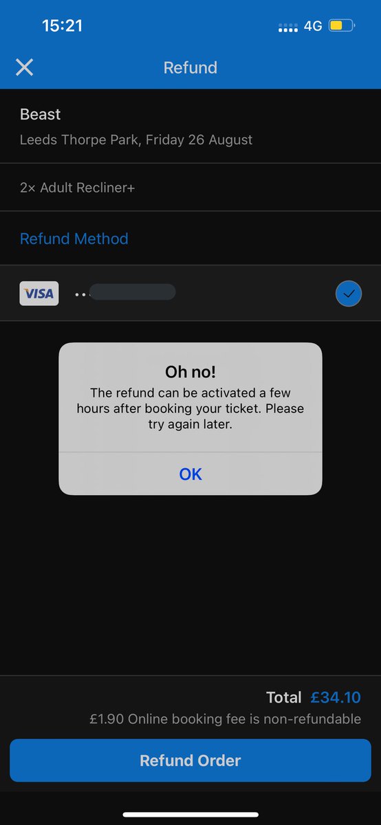 MeganWst's tweet photo. @ODEONCinemas Hi, I’ve been trying to refund my tickets for 5 hours now on the app but keep getting this message. Please could you look into it? https://t.co/AfnfNiwitN