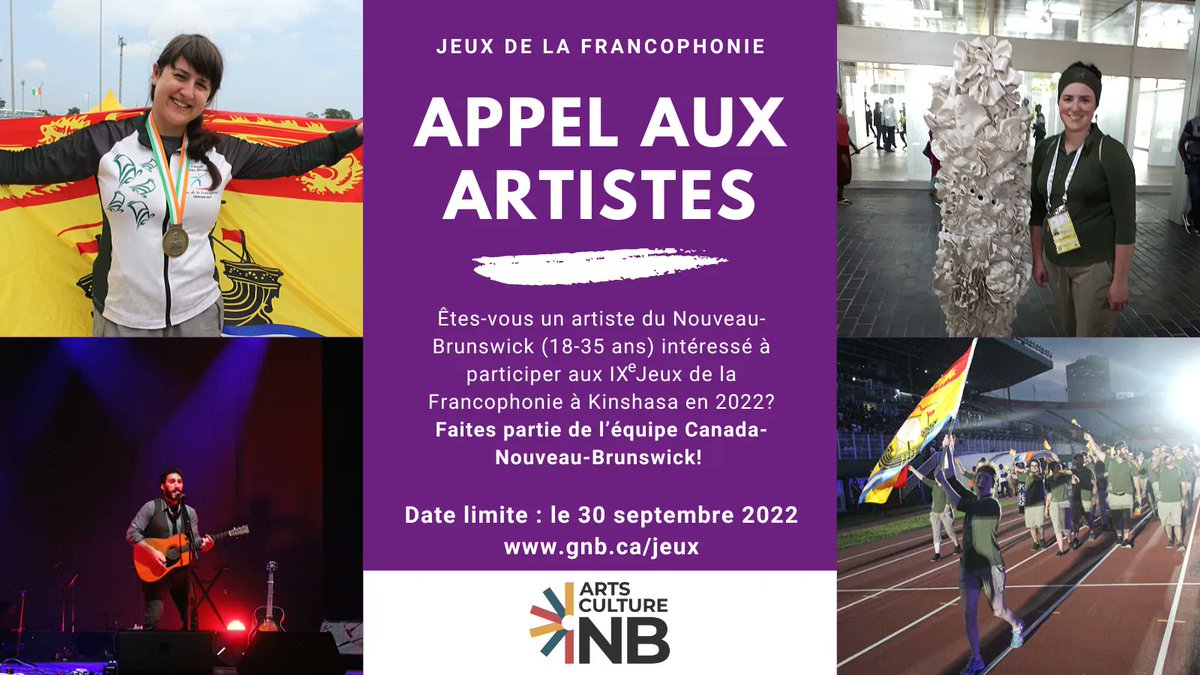 📣APPEL AUX ARTISTES! Faites partie de l’équipe Canada-Nouveau-Brunswick à #Kinshasa2023
Date limite : le 30 septembre. Soumettez votre candidature >> gnb.ca/jeux