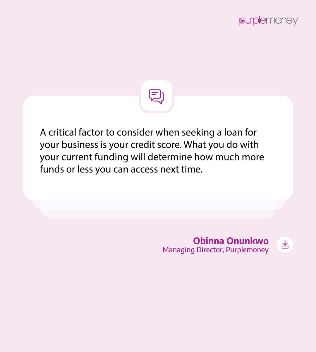 PurplemoneyM's tweet photo. A critical factor to consider when seeking a loan for your business is your credit score. What you do with your current funding will determine how much more funds or less you can access next time. https://t.co/iBFZvjQp7J