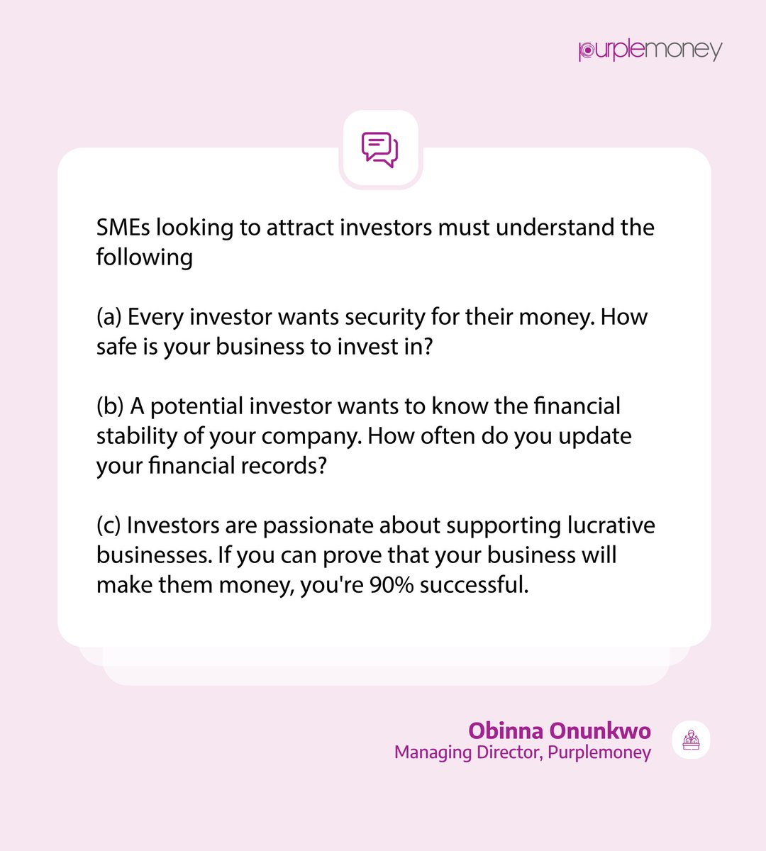 PurplemoneyM's tweet photo. SMEs looking to attract investors must understand the following

> Every investor wants security for their money. How safe is your business to invest in?

> A potential investor wants to know the financial stability of your company. How often do you update your financial records? https://t.co/VIpSo5UU4H