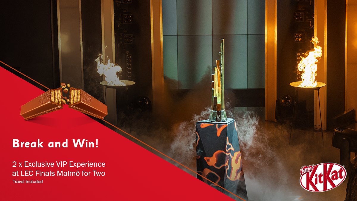 Your ticket to the #LEC Finals in Malmö is here!

To enter:
👉 FOLLOW <a href="/KITKATGaming/">KITKAT Gaming 🎮</a>
👉 LIKE this post
👉 QUOTE RETWEET with #KitKatLEC and who you want to win!

Prize Package below 👇🍫🎮 

T&amp;Cs: bit.ly/3AQrZLm
18+ Mainland Europe only