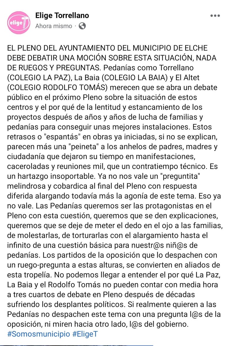 ETorrellano's tweet photo. MOCIÓN EN PLENO: COLEGIOS LA PAZ, LA BAIA Y RODOLFO TOMÁS, NADA DE RUEGOS Y PREGUNTAS. Pedanías queremos media hora tres cuartos d protagonismo con este tema. Una "preguntita cobardica" es ser cómplice con tropelía. Gobierno explicaciones. @mjedusoc72 @CarlosGlez2021 @PabloRuzV https://t.co/Fnr2E250sX