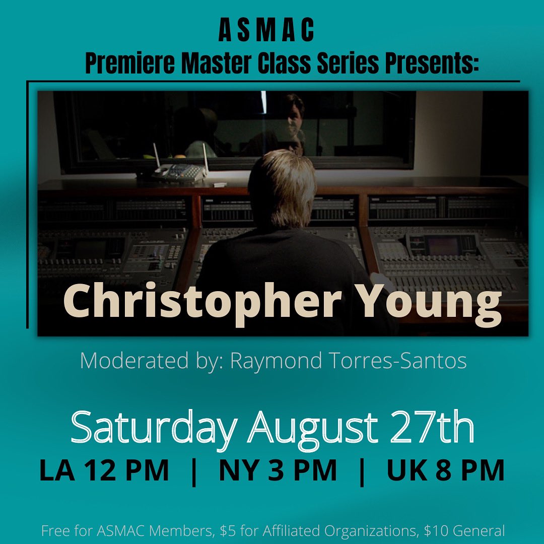 _ASMAC's tweet image. Join us for an intimate forum with iconic film composer Christopher Young, as he shares his successful, dramatic approach to composing for film.
LA 12 PM  |  NY 3 PM  |  UK 8 PM
#composers #filmscoring #christopheryoung #asmacboard #composer #orchestrator #asmac
