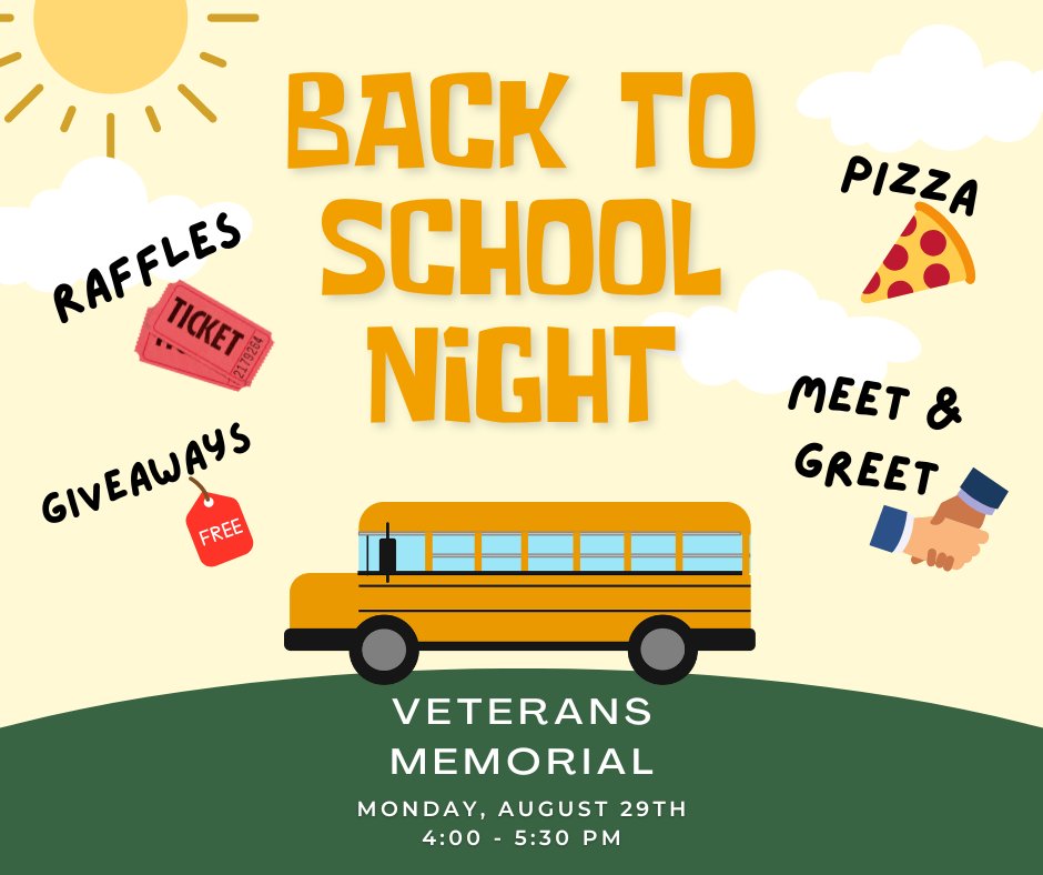 Vets_elementary's tweet photo. Please remember to join us on Monday from 4:00-5:30 PM for pizza, raffles, &amp; more! https://t.co/YAzknljx0l