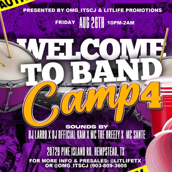 🚨🚨ATTENTION ALL STUDENTS #WTBC4 is Here 🚨🚨 THE #PVAMU WELCOME BACK WEEKEND ‼️🔥

-GET YOUR #WelcomeToBandCamp4 PRESALES RIGHT NOW😋 Before They Stop Selling 
#pvamu23 #pv22 #Pv26 #Pv25 #Pvamu26 #PantherPride     #Pv24 #PVAMU #UH26 #UofH #TXSU26 #txsu25 #pepsibattleofthebands