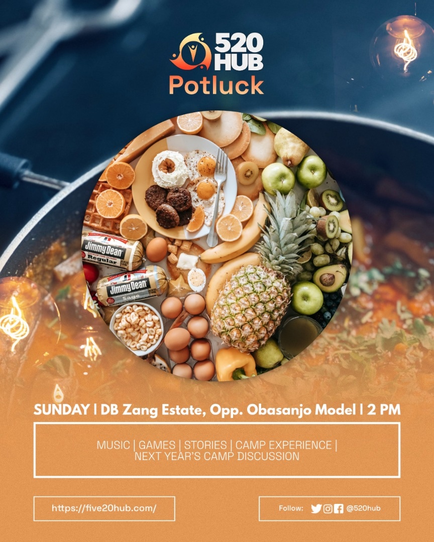 520hub's tweet photo. Join us on Sunday, at 2 pm at DB Zang Estate, opposite Obasanjo Model School, Old Airport Road.

5:20 Hub Potluck...

Bring food oh... https://t.co/frxQR0GP5M