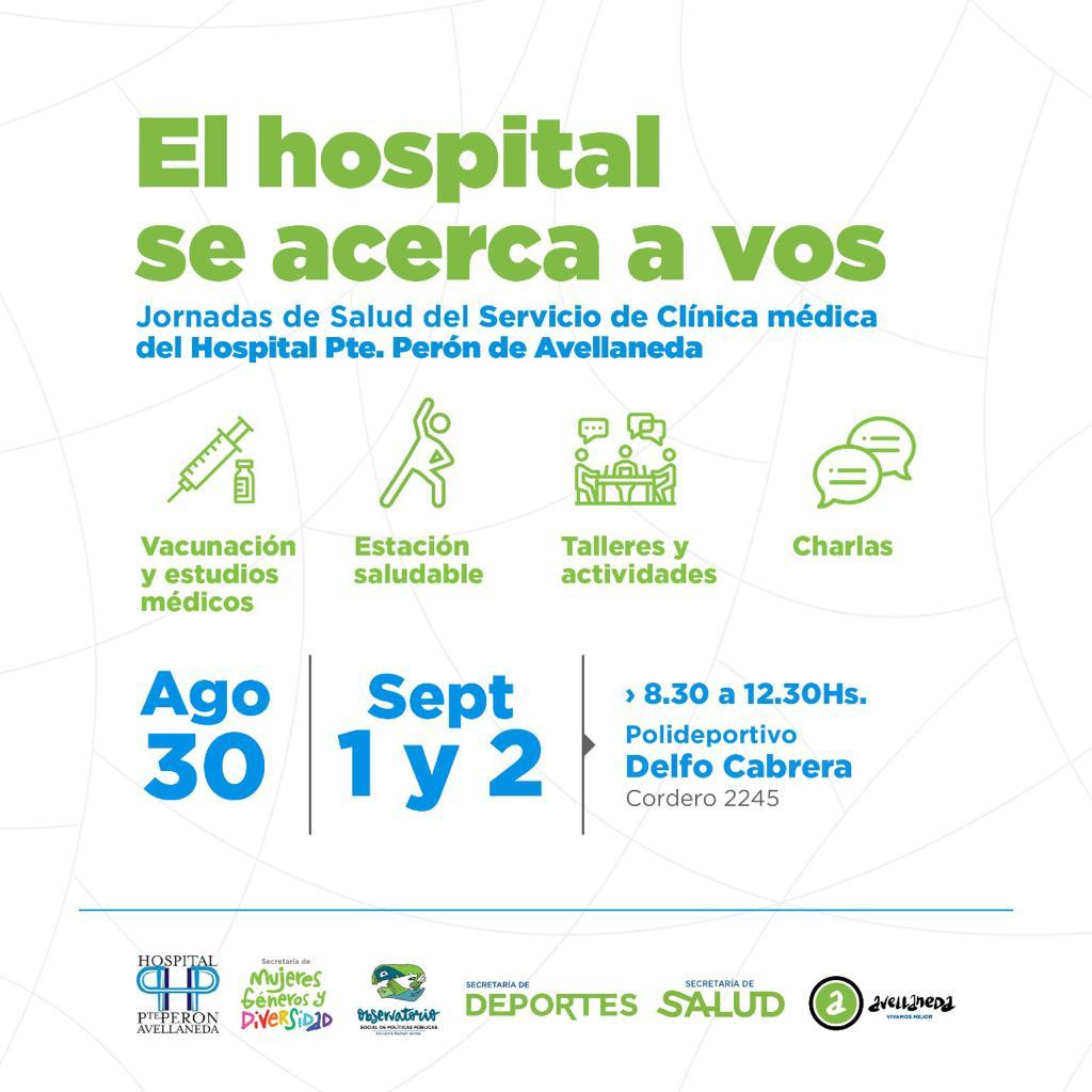 gestion_a's tweet photo. 🏥EL HOSPITAL SE ACERCA A VOS
🔸El Hospital Perón hará jornadas del servicio de clínica médica en el Polideportivo Delfo Cabrera.

💉🩺Se brindará vacunación y estudios médicos, talleres, actividades y charlas.

📅 30/8, 1 y 2/9, de 8.30 a 12.30hs.
📍Cordero 2245

¡Lxs esperamxs! https://t.co/4MXy7FY6O2