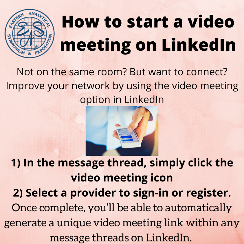 EASorg's tweet photo. Improve your network by using the video meeting option in LinkedIn. Read more at https://t.co/kHlfF68Ydt 
#EAS2022 #DiversitEAS #SustainabilitEAS #EASp3 #serEASscience #ForensicScience #Pharmaceuticals #conference #chemistry #AnalyticalChemistry #networking #LinkedIn #Jobs https://t.co/ossxecRs6T