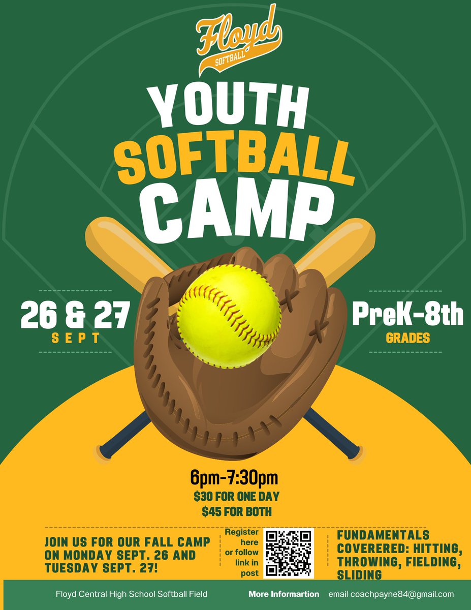 Time to get better! 
Our fall camp is back. This camp is for any young softball player that wants to get hands on training with current FC softball players as well as the coaching staff. Register using the QR code on the flyer or by following this link: forms.gle/KArpQEJmDpwZfx…