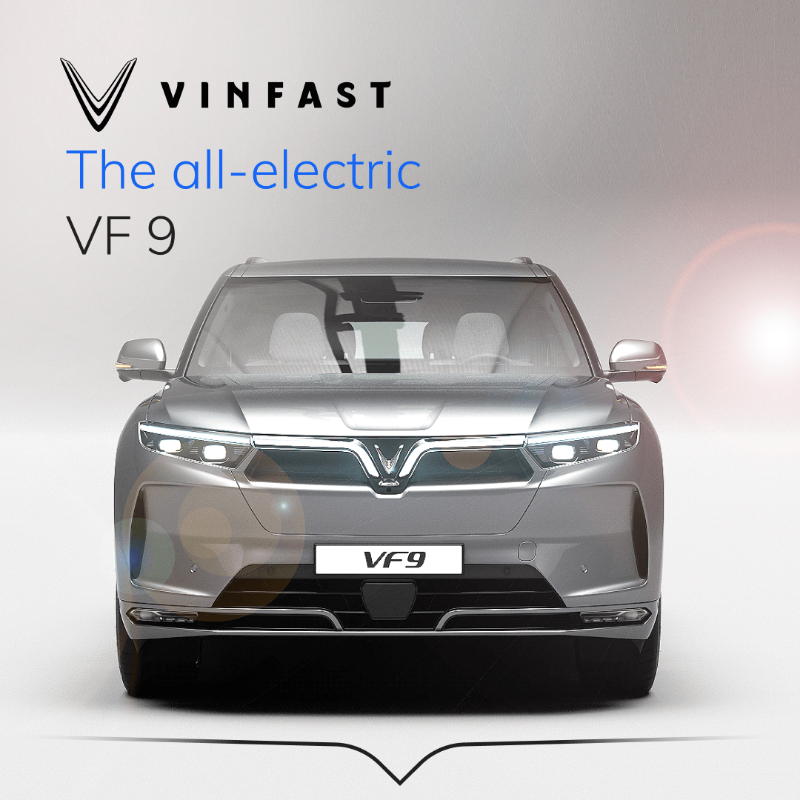 VinFastCanada's tweet photo. Introducing the VinFast lineup of premium, fully electric SUVs. The VF 9 has room for seven, a 10-year warranty and styling to make neighbours jealous.