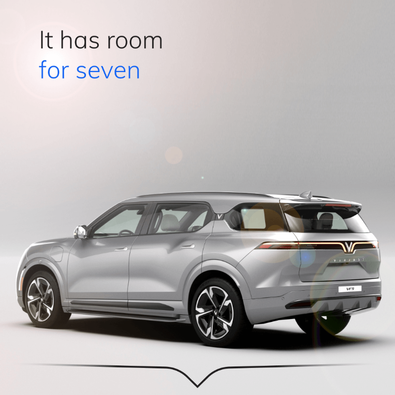 VinFastCanada's tweet photo. Introducing the VinFast lineup of premium, fully electric SUVs. The VF 9 has room for seven, a 10-year warranty and styling to make neighbours jealous.