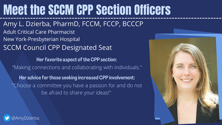 SCCM_CPP's tweet photo. Meet our CPP Section Officers! @AmyDzierba PharmD, FCCM, FCCP, BCCCP is an adult CC Pharmacist @nyphospital and has been in CC for over 20 years! She is the @SCCM Council CPP Designated Seat &amp; began her involvement w/ CPP by writing Congress updates and pharmacotherapy articles. https://t.co/cVh8UgKPzk