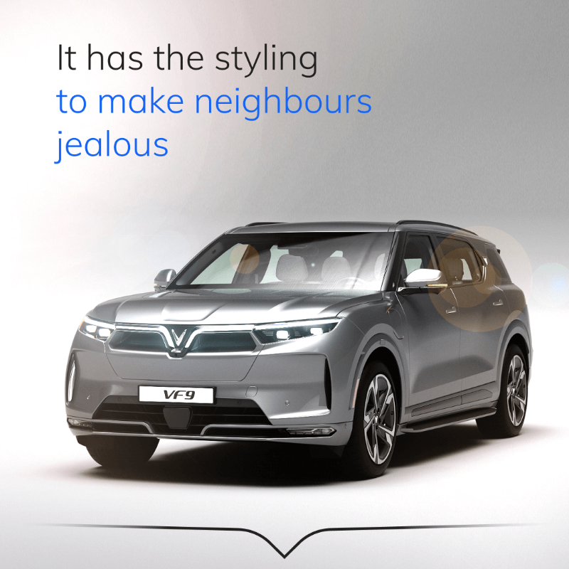 VinFastCanada's tweet photo. Introducing the VinFast lineup of premium, fully electric SUVs. The VF 9 has room for seven, a 10-year warranty and styling to make neighbours jealous.