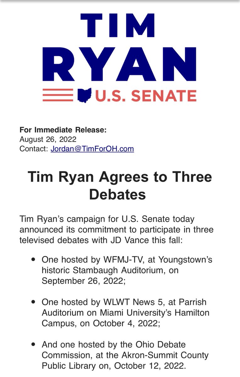 chevytothe_levy's tweet photo. NEWS: @TimRyan commits and challenges @JDVance1 to three debates to run statewide. #OHSEN https://t.co/717zkueuio