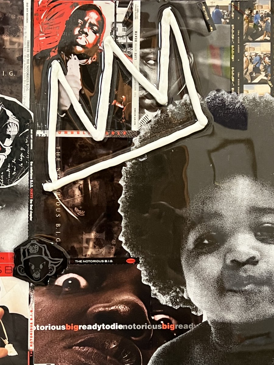 NicoleRet2Go's tweet photo. "It Was All A Dream" - a collage of all Notorious BIG CDs through 1997 and posthumous. Crushed CD pieces from the greatest east coast rapper are gathered to form BIG on the front with lyrics from some of his greatest songs encasing the sides and a 👑 crown in caulk #myfavPart https://t.co/kkroC9ApCq