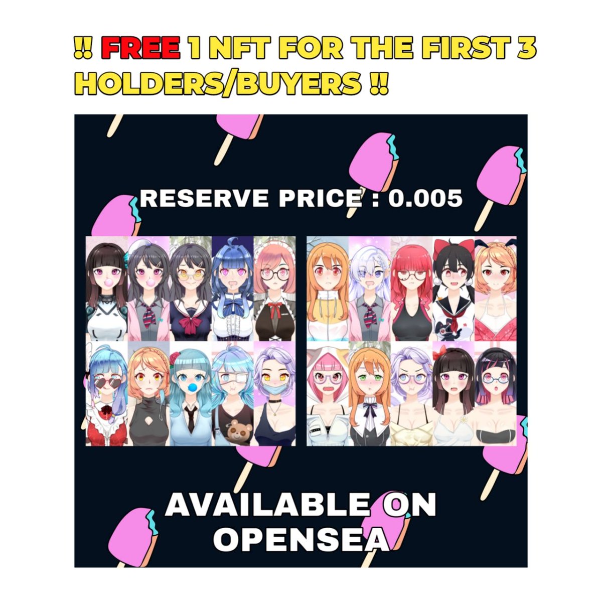 hello this is our first drop of NFT
✨FREE 1NFT FOR FIRST 3 BUYERS!!✨
1/1 Collectible 💖
Reserve Price : 0.005 ✨
let's choose your pfp now 💖
opensea: opensea.io/collection/wor…
#NFTCommunity #NFTdrops #NFTJapan   
#엔피트 #AnimeNFT