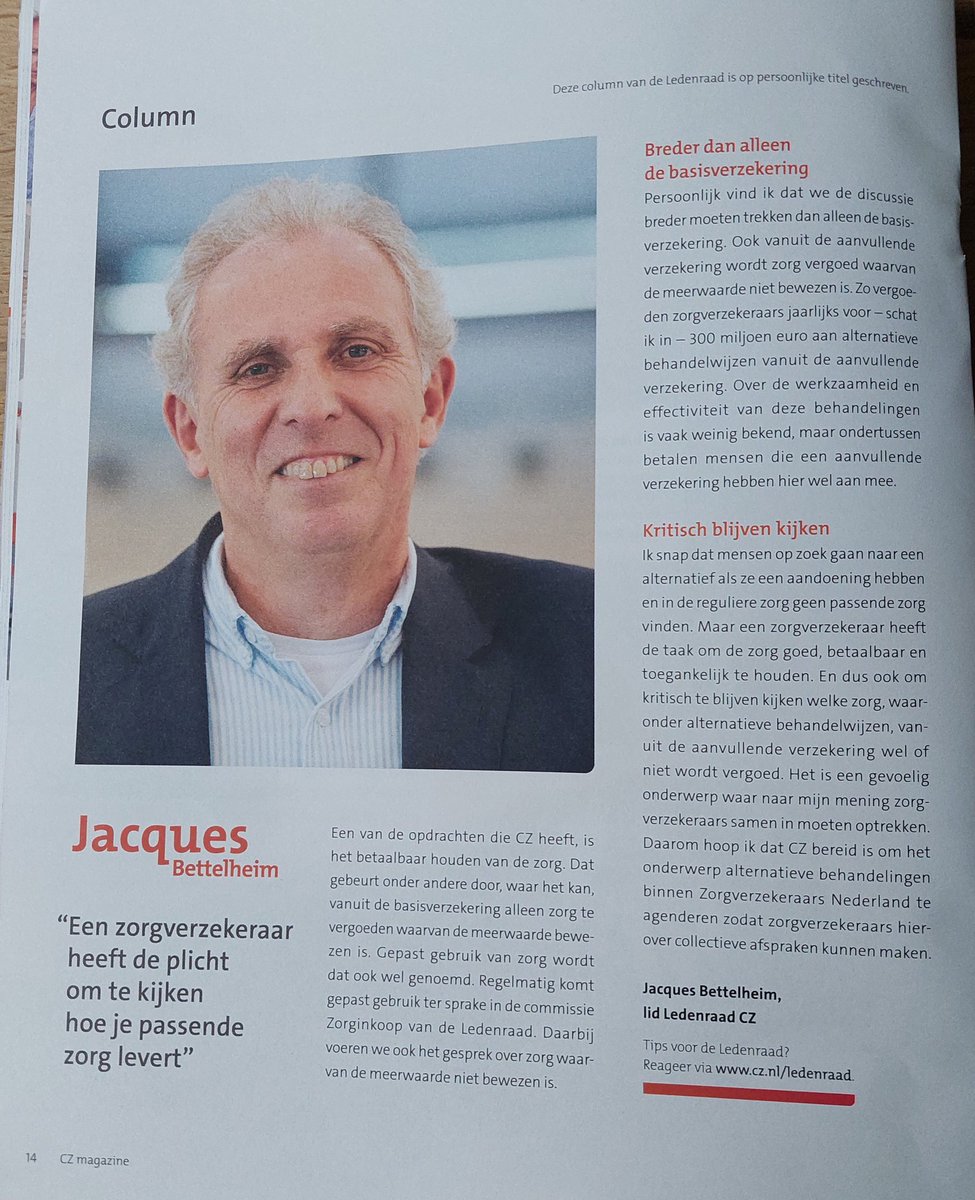 Aparte manier van ledenvertegenwoording als je als lid van de ledenraad van <a href="/cz_nl/">CZ zorgverzekering</a> <a href="/JacquesBettelhe/">Jacques Bettelheim</a> de keuzevrijheid voor #AlternatieveZorg in de #AanvullendeVerzekering wil inperken omdat je zelf de meerwaarde ervan niet inziet en puur met een financiële blik kijkt.