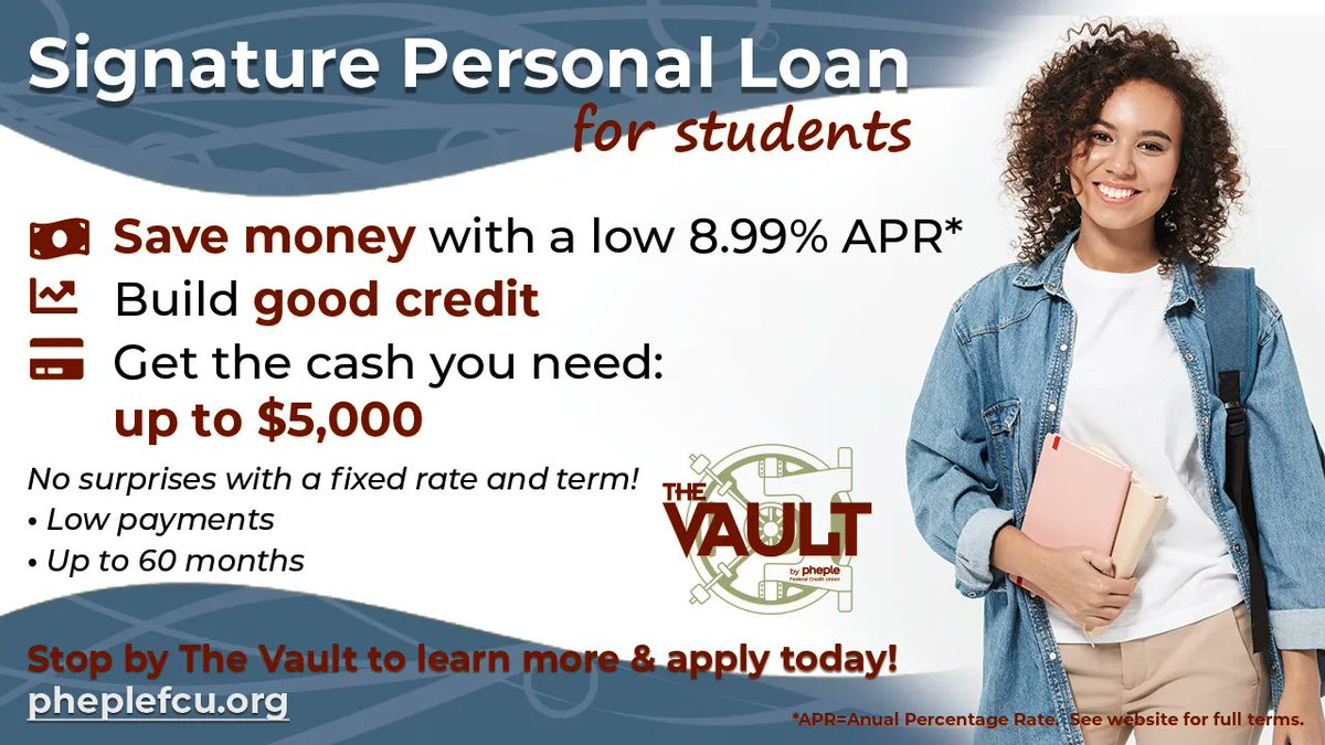 PhepleWCCC's tweet photo. The beginning of the school year is expensive!  Between books, supplies, and tech, figuring out how to pay for it all can be stressful. Let us help with a Student Signature Loan. 

Stop by The Vault to learn more!

More info and terms:  https://t.co/Gm1CoCR0fm https://t.co/uzXfQ15ABe