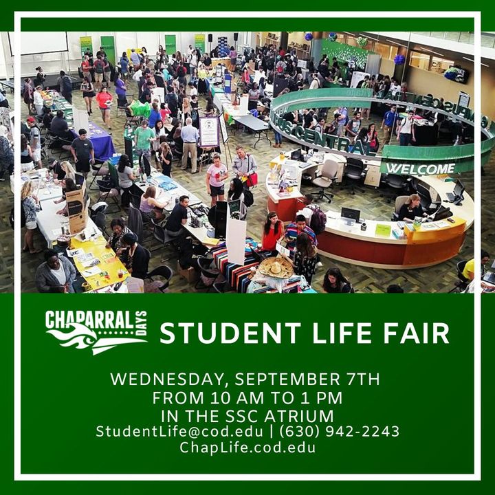 Do you want to get involved on campus? 

Joining a student club is the best way to connected to our campus community and the Student Life Fair is the best place to connect with our clubs. 

Did we mentioned you can also get free snacks and giveaways?!

#CollegeofDuPage