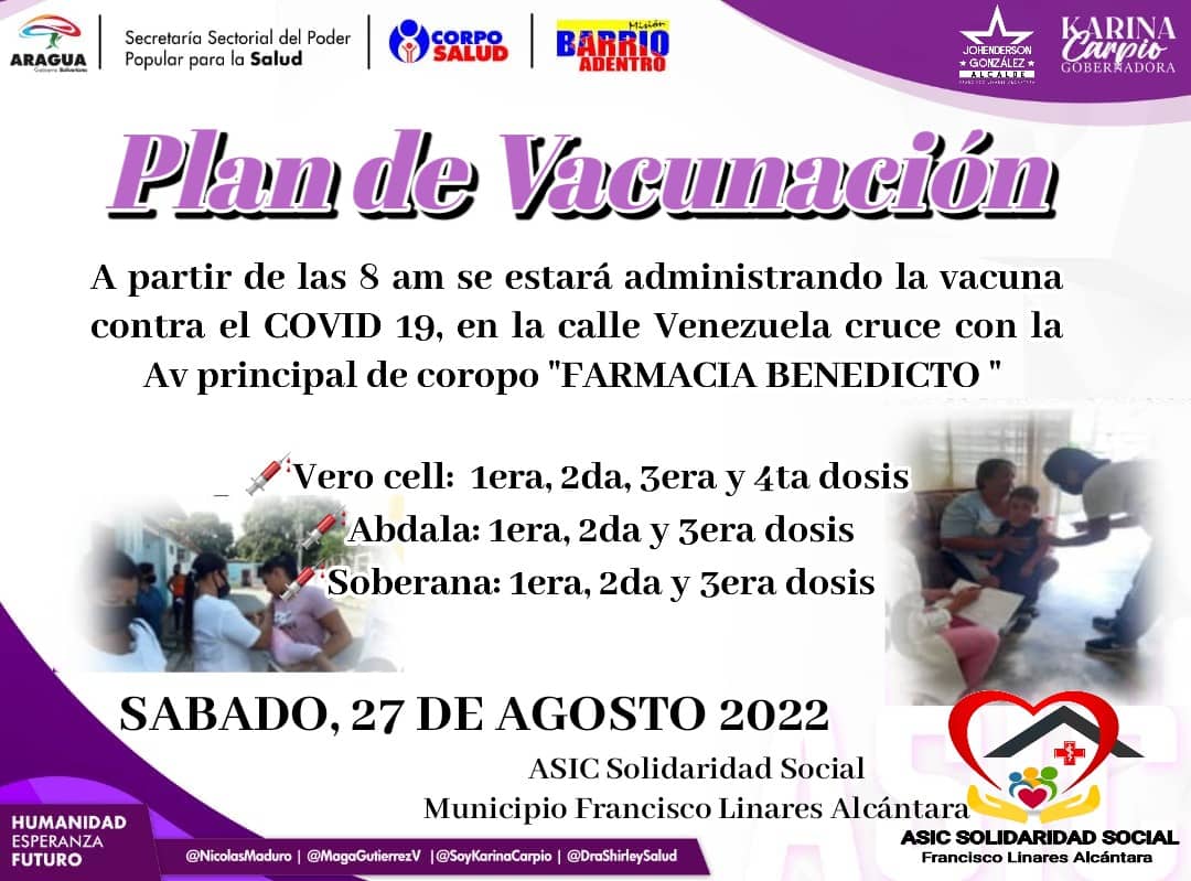 Cumpliendo con el Pueblo de Linares, seguimos con el Plan de Vacunación, el Sábado 27 de Agosto, en la Calle Venezuela cruce con la Av Principal de Coropo. 
¡Te Esperamos!
#RefuerzaTuVacuna 
#PuebloConcienteSiempre