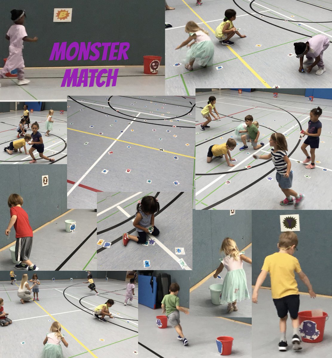 Great way to start my 4 year olds PE class with match a variety of silly monsters to reinforce one on one corespondent. #physed #FISW #FIS_School
