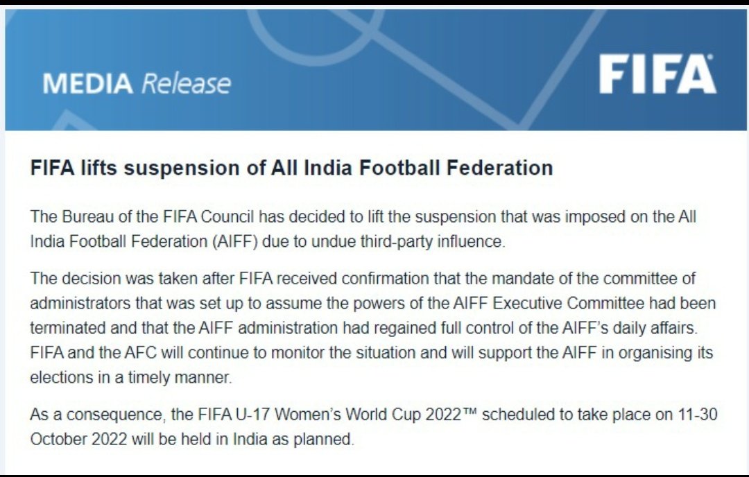 bhaichung15's tweet photo. Wonderful news. FiFA lifts ban on Indian Football https://t.co/srcmaJQnAt