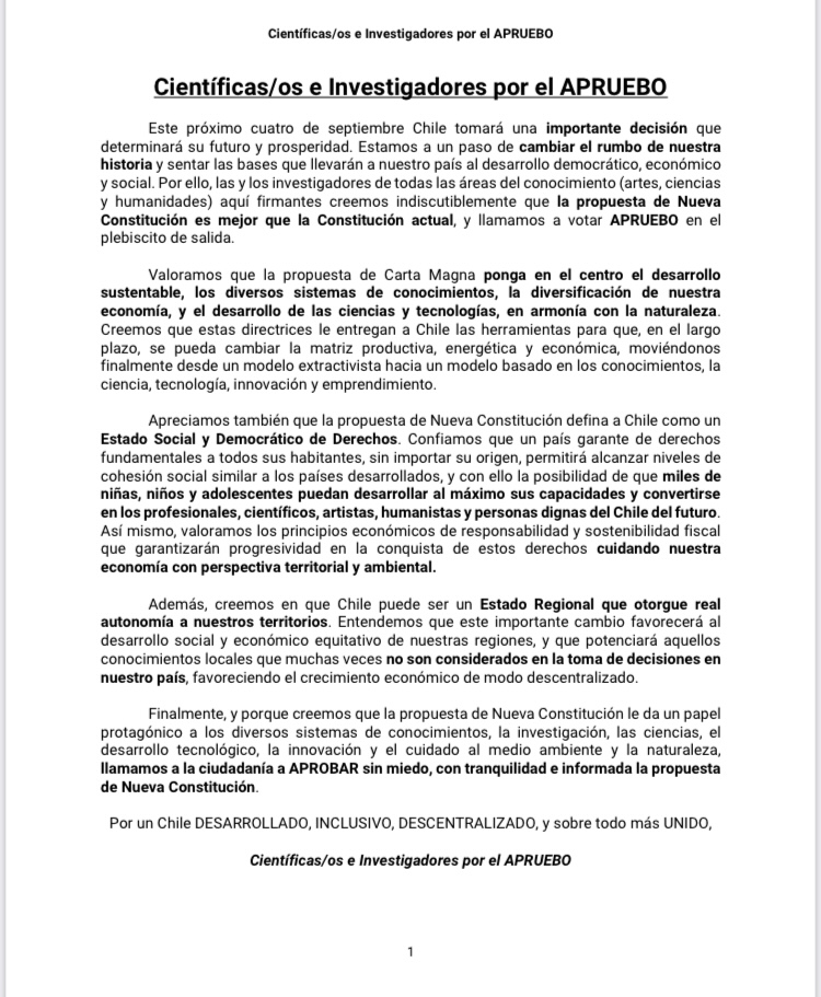 lanetacl's tweet image. 🟣Más de 1.200 investigadores llaman a votar Apruebo 

Personas del ámbito de la investigación y la ciencia de todo el país entregan su respaldo al Apruebo de cara al plebiscito. &quot;Estamos a un paso de cambiar el rumbo de nuestra historia&quot;, sostienen 👇