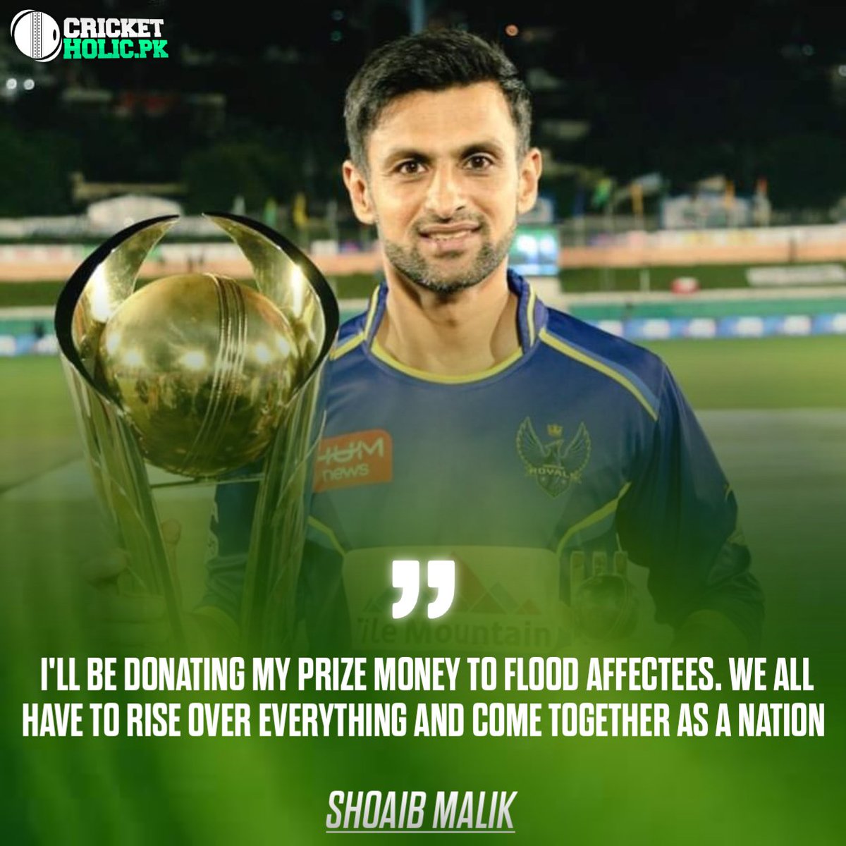 CricketHolicPK's tweet photo. . @kpl_20 2022 winning captain @realshoaibmalik announces to donate the prize money to flood affectees of ๐ต๐ฐ
A great gesture indeed to help the people ๐
#KPL22 #KheloAazadiSe #MirpurRoyals #ShoaibMalik https://t.co/YwZBcgJMas