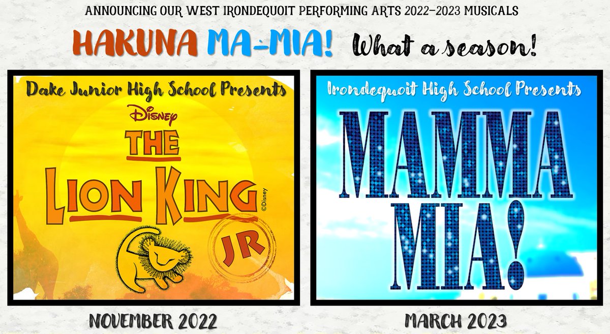 BIG ANNOUNCEMENT! Here are the musicals and fall drama our terrific student actors/crew will present this school year.

Stay tuned for audition dates and ticket information! 

<a href="/StevenZugelder/">steven zugelder</a> 
<a href="/AaronJohnsonWI/">Aaron R. Johnson</a> 
<a href="/MaryanneH1/">Maryanne Maves</a> 
<a href="/IrondequoitHS/">Irondequoit HS</a>