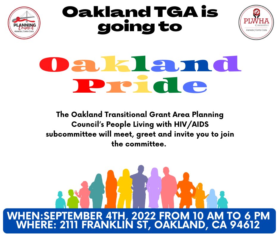 OaklandTGA's tweet photo. Come visit us at the Oakland Pride Parade on September 4th! There will be an opportunity to take a survey to share your experiences accessing HIV-related services in Alameda and Contra Costa Counties.

Link for the digital survey: https://t.co/RAn0tb6CRZ https://t.co/RzBjAuxwlG