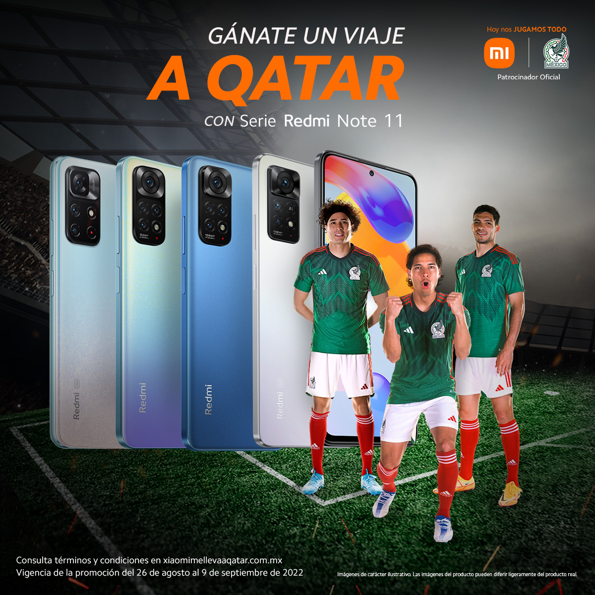 XiaomiMexico's tweet photo. #XiaomiMeLlevaAQatar🇶🇦Participa del 26 de agosto al 9 de septiembre para ganar un viaje al Mundial y ver jugar a @miseleccionmx, comprando productos de la #SerieRedmiNote11 en nuestras Xiaomi Stores. Consulta las bases aquí: https://t.co/sEw812KyUv https://t.co/OxkPeV146v