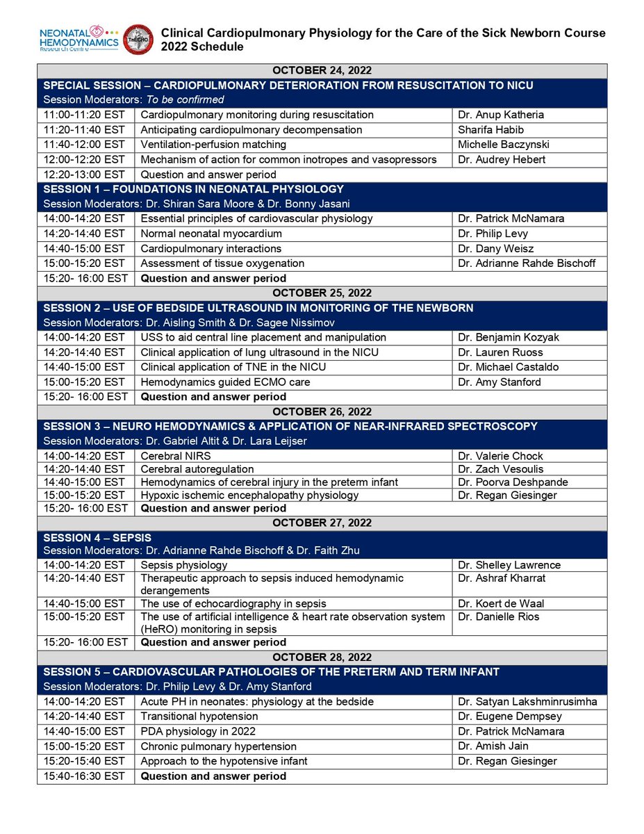 The schedule for our Clinical Cardiopulmonary Physiology course has been released! Check out this year's new sessions on use of bedside ultrasound, neurohemodynamics &amp; NIRS, sepsis and more!
Registration links below 👇 #neotwitter

us02web.zoom.us/webinar/regist…
us02web.zoom.us/webinar/regist…